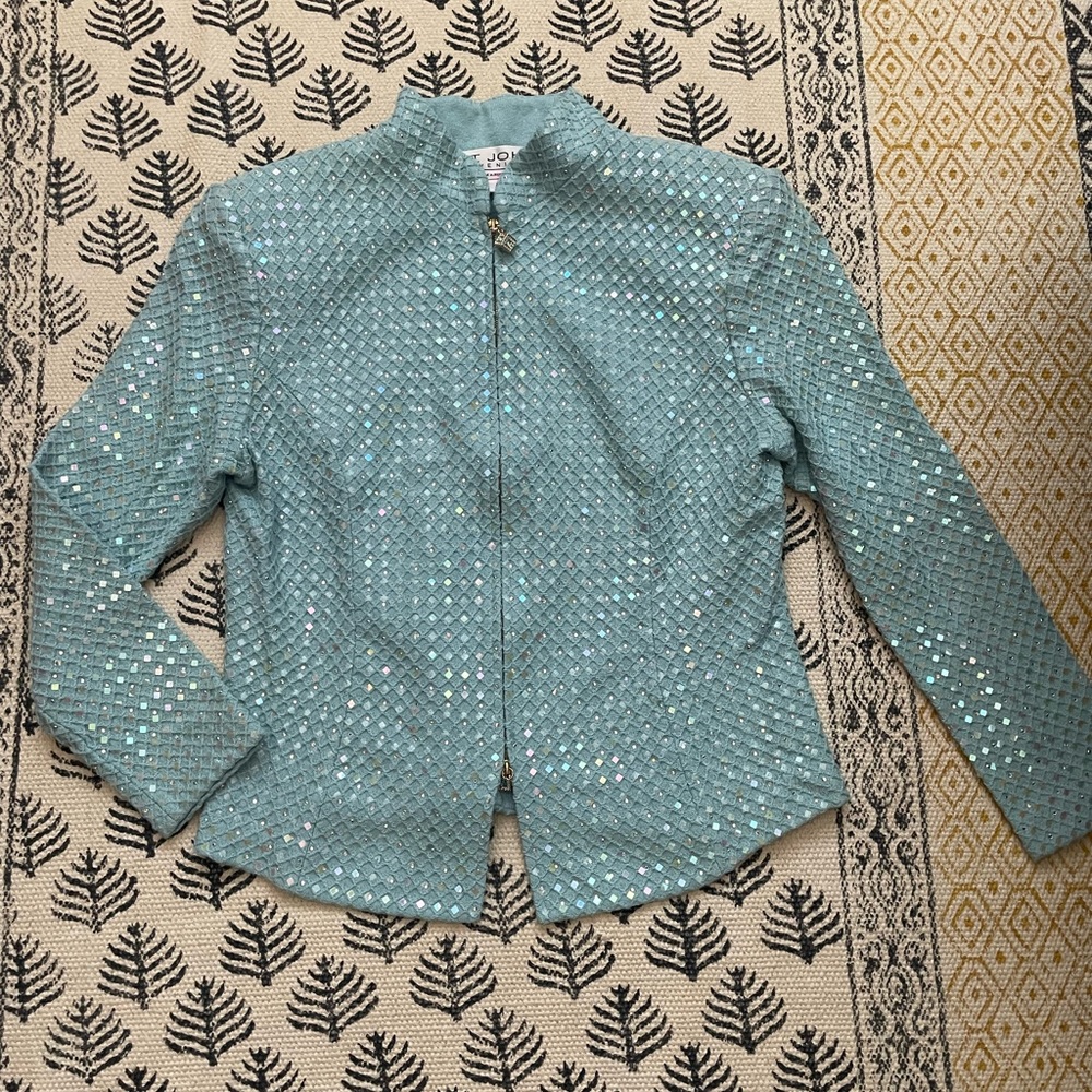 St. John Evening Blue Sequin Fitted Zip Jacket sz 8